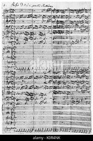 Johann Sebastian Bach - handschriftliche Partitur der deutsche Komponist für seine Komposition 'Matthäuspassion' (St. Matthäus Passion oder die Passion nach Matthäus). Komponiert für die Thomaskirche, 1729. JSB: 21 März 1685 - 28. Juli 1750. Stockfoto