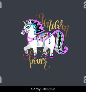 Unicorn Power - golden hand Beschriftung Beschriftung mit Unicorn Stock Vektor