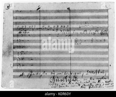 Beethoven. Teil 6 der deutsche Komponist Symphonie Partitur in Beethovens Handschrift. Beethoven Signatur am Ende und Notizen in seine Handschrift. Dies ist Op.68. Pastorale. 17. Dezember 1770 - vom 26. März 1827. Ludwig van Beethoven. Stockfoto