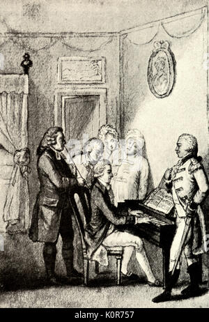 Wolfgang Amadeus Mozart am Klavier spielen zu seinem Salzburger Freunden. 1780 von Schutz. Mozart: österreichische Komponist, 1756-1791 Stockfoto