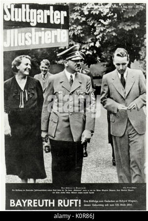 Winifred, Wieland und Wolfgang Wagner mit Hitler in Bayreuth - auf der vorderen Abdeckung des Stuttgarter Illustrierte", 3. August 1938. Bildunterschrift lautet: "Bayreuth Aufrufe' ('Ruft'). Foto im Gedenken an den 125. Geburtstag von Richard Wagners Geburt. Stockfoto