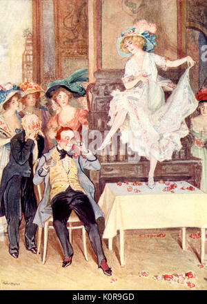 Franz Lehár, Die lustige Witwe. Cancan Tanz auf dem Tisch. Illustration von Talbot Hughes für die Ouvenir der 1. Jahrestag Perf" von London 1907. Act ungarischen Komponisten (1870-1948). Auch 'Die Lustige Witwe' Stockfoto