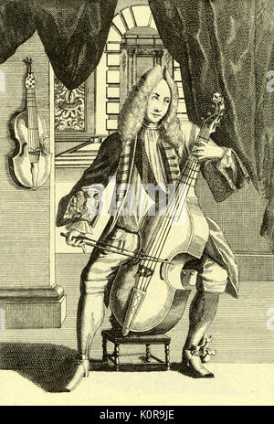 Mann spielt Viola da Gamba. Kupferstich von J.C. Weigel (1661-1726) von 'Musikalisches Theatrum'. Stockfoto