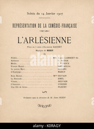 "L'Arlésienne" - innere Seite des Programms für eine 1907 von Alphonse Daudet spielen. Die Leistung von der Comédie Francaise am Théatre de Monte Carlo auf den 14. Januar 1907. Musik von Georges Bizet. AD, Französisch novelitst: 13. Mai 1840 - 16. Dezember 1897. GB, französischer Komponist: 25. Oktober 1838 - vom 3. Juni 1875. Stockfoto