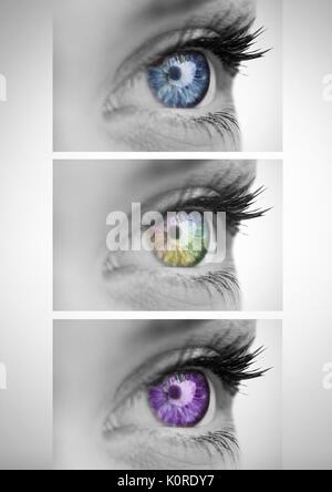 Digitales Komposit aus verschiedenen farbigen Augen in Serie von drei Stockfoto