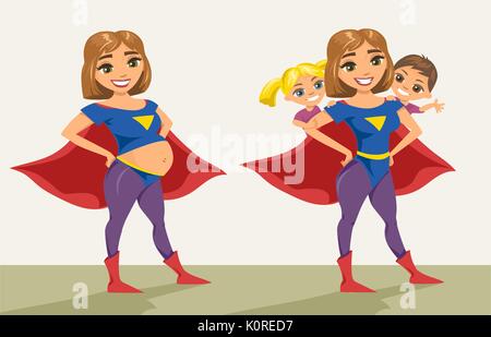 Super Hero, Super Mom. Glücklich lächelnde super Mutter mit ihren Kindern. Vector Illustration mit isolierten Zeichen. Stock Vektor