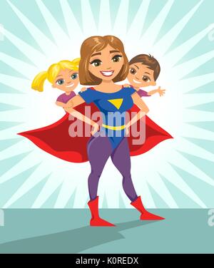 Super Hero, Super Mom. Glücklich lächelnde super Mutter mit ihren Kindern. Vector Illustration mit isolierten Zeichen. Stock Vektor