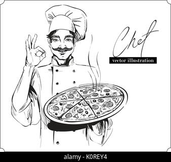 Lächelnd und Glücklich Chef mit Pizza. Vektor hand gezeichnete Bild auf weißem Hintergrund. Stock Vektor