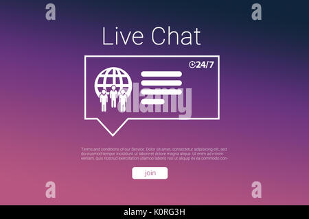 Symbole und Live Chat Text gegen rosa und lila Hintergrund Stockfoto