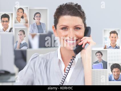 Digital composite von Frau mit Telefon mit Profil Portraits von Menschen Kontakte Stockfoto