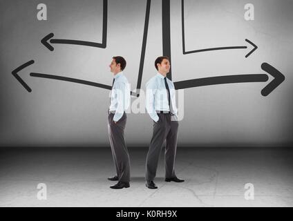 Digital composite der linken oder rechten Pfeiltasten Zeichnungen mit Unternehmer suchen in entgegengesetzte Richtungen Stockfoto
