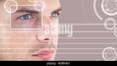 Digital composite der Mann mit Auge Fokus box Details und Linien Schnittstelle Stockfoto