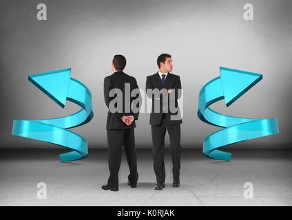 Digital composite der linken oder rechten Pfeiltasten mit Unternehmer suchen in entgegengesetzte Richtungen Stockfoto
