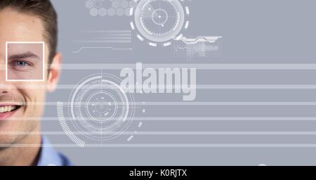 Digital composite der Mann mit Auge Fokus box Details und Linien Schnittstelle Stockfoto