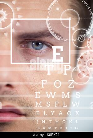 Digital composite der Mann mit Auge Fokus box Details und Linien und Auge Test Schnittstelle Stockfoto