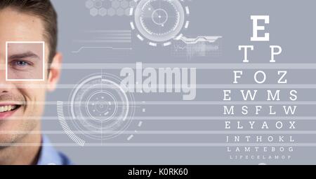 Digital composite der Mann mit Auge Fokus box Details und Linien und Auge Test Schnittstelle Stockfoto