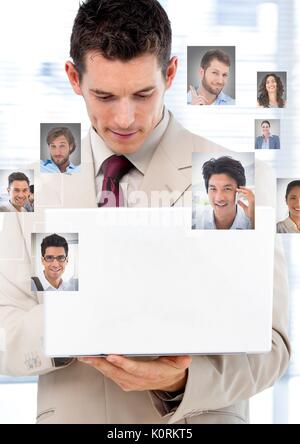 Digital composite der Mann mit Laptop mit Profil Portraits von Menschen Kontakte Stockfoto