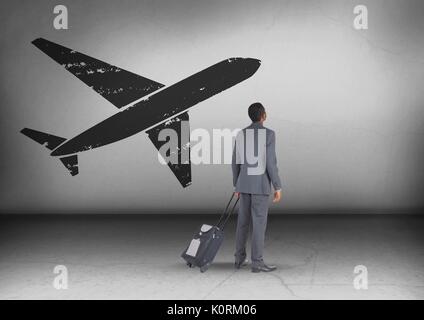 Digital composite der Geschäftsmann mit Tasche suchen, um sich mit dem Flugzeug Symbol Stockfoto