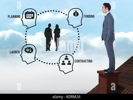 Digital composite für Planung und Finanzierung Grafik und ein Geschäftsmann, stehend auf dem Dach mit Kamin und blauer Himmel Stockfoto