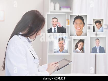 Digital composite von Frau mit Laptop mit Profil Portraits von Menschen Kontakte Stockfoto