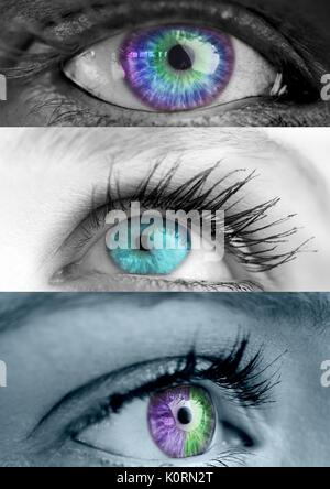 Digitales Komposit aus verschiedenen bunten Augen in Serie von drei Stockfoto