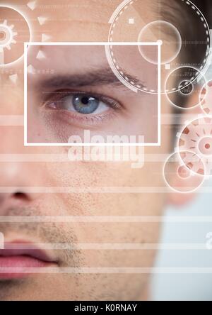Digital composite der Mann mit Auge Fokus box Details und Linien Schnittstelle Stockfoto