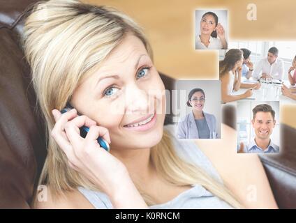 Digital composite von Frau mit Telefon mit Profil Portraits von Menschen Kontakte Stockfoto