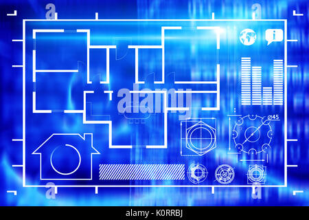 Das zusammengesetzte Bild im Haus blueprint gegen abstrakte blauer Text Stockfoto