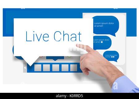 Hand eines Geschäftsmannes, der etwas gegen Sprechblasen mit Live Chat Stockfoto