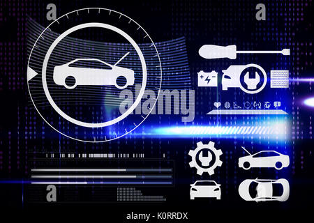 Digitales Bild von Autos und Werkzeuge gegen blaue Technologie Schnittstelle mit binären Code Stockfoto