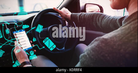 Grafik von Symbolen mit Pfeilsymbolen gegen Männer an gps auf sein Telefon suchen Stockfoto Grafik von Symbolen mit Pfeilsymbolen gegen Männer an gps auf sein Telefon suchen Stockfoto