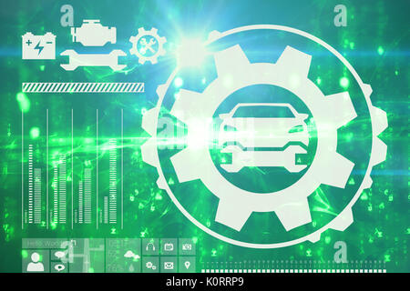 Digitales Bild von Tools und Auto gegen digital erzeugten Bild des abstrakten Muster Stockfoto
