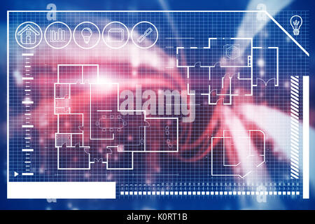Digital erzeugten Bild von Haus blueprint gegen Computer Bildschirm mit Tapete Stockfoto