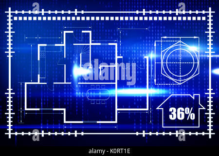 Digitales Bild von Haus blueprint gegen den blauen Technologie Schnittstelle mit binären Code Stockfoto