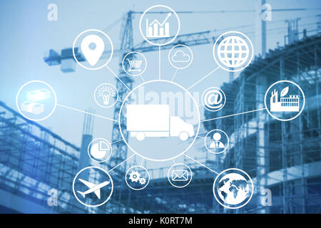 Das zusammengesetzte Bild im Lkw verschiedener Symbole, die für Arbeiten in der Stadt Stockfoto
