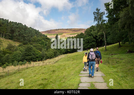 Gruppe der Wanderer auf der beliebten Route zu Grindsbrook Clough in der Nähe von Edale im Peak District National Park, Derbyshire, England. Stockfoto