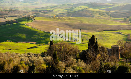 Val d'Orcia Landschaft bei Sonnenuntergang in der Nähe von Pienza (Siena). Italien, 2017. Querformat. Stockfoto