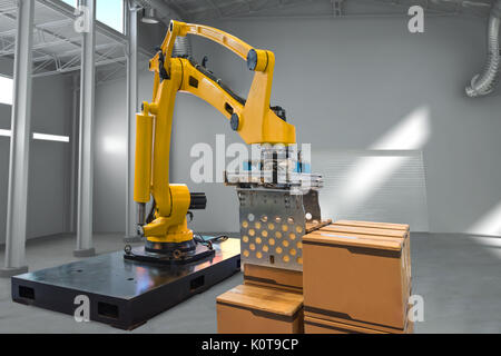 Intelligente Logistik, Industrie 4.0 Konzept. Versandkosten Automation Robotik Roboter arm Maschine verstauen in Smart warehouse Fabrik. Stockfoto