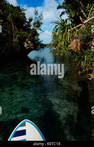 Stand up paddleboarding durch den Kalkstein Karst Topographie der Bucht der Inseln, Vanua Yageta, Lau Group, Fidschi Stockfoto