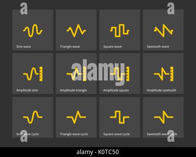 Sinus, Dreieck, Rechteck, Sägezahn Welle Arten Symbole. Stock Vektor