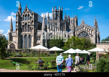 Die Fassade der Kathedrale von Ely, ab dem cafe Garten, Ely, Cambridgeshire, England gesehen, Großbritannien Stockfoto