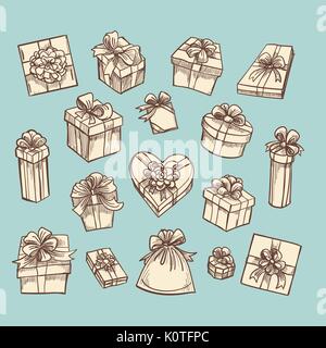Vintage Geschenkboxen Sammlung auf grünem Hintergrund gezeichnet. Vector Illustration Stock Vektor