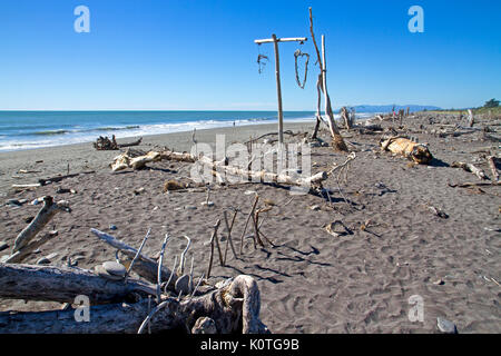 Driftwood verwandelte sich in eine natürliche Skulptur Galerie auf Hokitika Strand Stockfoto