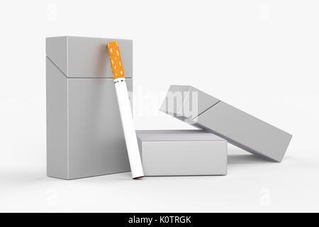 3D-Render Zusammensetzung der drei King size Zigarettenschachteln oder Packungen mit Zigarette auf einen weißen Hintergrund mit Schatten. Für ihr Design Vorlage. Stockfoto