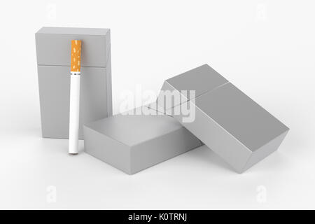 3D-Render Zusammensetzung der drei King size Zigarettenschachteln oder Packungen mit Zigarette auf einen weißen Hintergrund mit Schatten. Für ihr Design Vorlage. Stockfoto