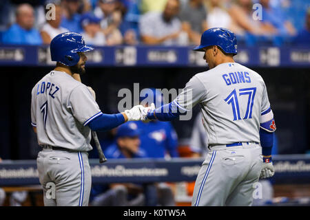 August 23, 2017 - St. Petersburg, Florida, USA - VRAGOVIC | Zeiten. Toronto Blue Jays catcher Raffy Lopez (1) Faust Beulen shortstop Ryan Goins (17) Nach seinem Home Run im zweiten Inning des Spiels zwischen den Toronto Blue Jays und die Tampa Bay Rays am Tropicana Feld in St. Petersburg, Fla. am Mittwoch, den 23.08.2017. (Bild:© wird Vragovic/Tampa Bay Zeiten über ZUMA Draht) Stockfoto