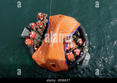 170818-A-RW 053-124 Soldaten der 371. sustainment Brigade, 411 Transport Loslösung und ASG-Kuwait Testen einer Rettungs Schwimmer aus der US-Armee Gefäß (USAV), Major General Charles S. Brutto (LSV-5) während Ertrinken Proofing Ausbildung in den Arabischen Golf am 17. August 2017. (U.S. Armee Foto von Sgt. 1. Klasse Charles Highland) Stockfoto