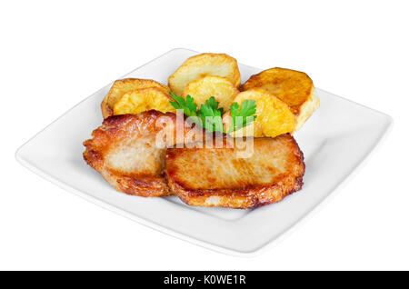 Gegrilltes Fleisch mit Kartoffeln auf weißem Hintergrund Stockfoto