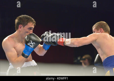 Nowosibirsk, Russland - November 29, 2014: Match Boris Georgiev (links) von Bulgarien vs Viacheslav Kislitsyn der Ukraine während AIBA pro Turnier. Stockfoto