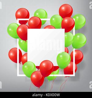 Flying realistische Glänzend Grün Rot Luftballons mit Quadratische weiße Leere und Rahmen, frohe Weihnachten Konzept auf weißem Hintergrund Stock Vektor